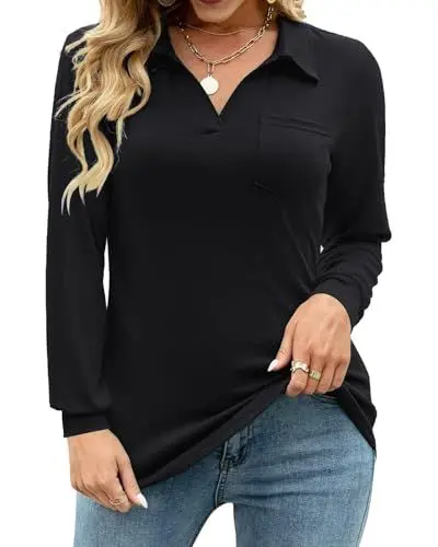 Produktbild: Tanmolo Bluse Damen V-Ausschnitt Poloshirt Elegant T-Shirt Langarm Golf Polo Locker Sport Shirt Wintershirts mit Kragen Schwarz, M