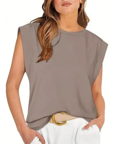 Produktbild: Tanmolo Damen Basic T-Shirt Tank Tops Casual Sommer Tops Kappenärmel Sommer Bluse Lässig Lockere Passform Blusen 2024 Neu Khaki, S