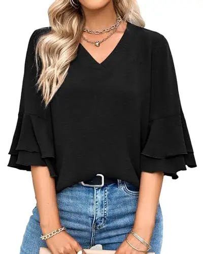 Produktbild: Tanmolo Damen Bluse Elegant V-Ausschnitt 3/4 Ärmel Lässige Blusen mit Rüschenärmel Tunika Tops (Schwarz, XL)
