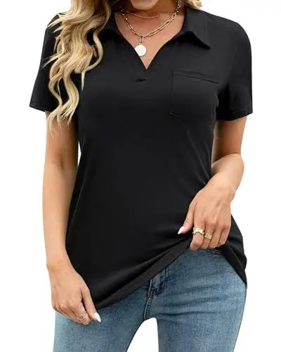 Produktbild: Tanmolo Damen Bluse Elegant V-Ausschnitt Polo T-Shirt Kurzarm Baumwolle Poloshirt Freizeitshirt Damen-Oberteile Schwarz, S