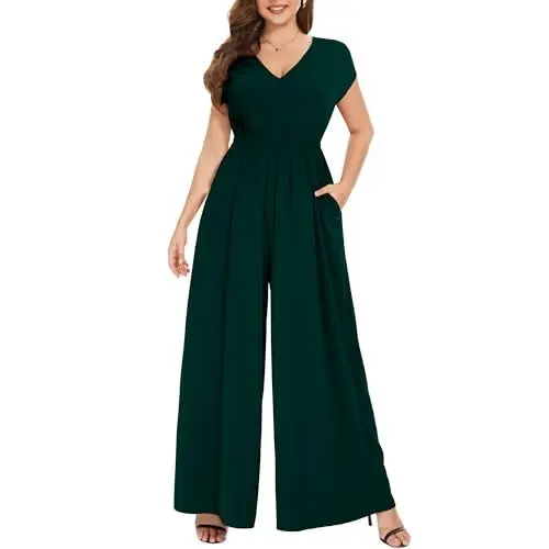 Produktbild: Tanmolo Damen Jumpsuit Elegant Sommer Ärmellos V-Ausschnitt Overall Weites Bein Romper Mit Taschen (Dunkelgrün, L)