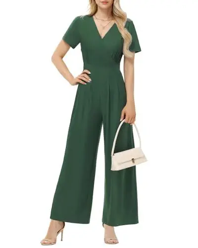 Produktbild: Tanmolo Damen Jumpsuit Elegant Sommer Kurzarm V-Ausschnitt Overall Weites Bein Romper Mit Taschen Dunkelgrün, XL