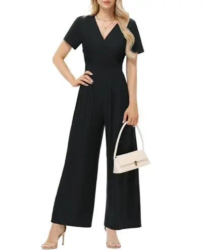 Produktbild: Tanmolo Damen Jumpsuit Elegant Sommer Kurzarm V-Ausschnitt Overall Weites Bein Romper Mit Taschen Schwarz, XL