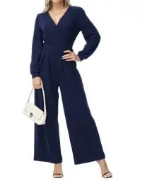 Produktbild: Tanmolo Damen Lang Jumpsuit Langarm V-Ausschnitt Overall Elegant Hosenanzug Weites Bein Romper Mit Taschen Navy Blau, M