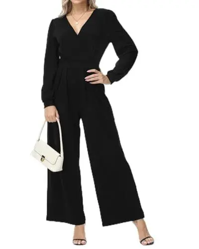 Produktbild: Tanmolo Damen Lang Jumpsuit Langarm V-Ausschnitt Overall Elegant Hosenanzug Weites Bein Romper Mit Taschen Schwarz, M