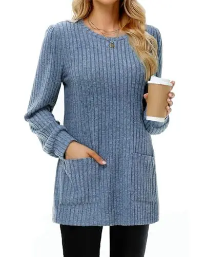 Produktbild: Tanmolo Damen Leichte Pullover Casual Rundhals Langarm Shirts mit Taschen Strickpullover Herbst Tunika Winter Oberteile Denim-blau, M