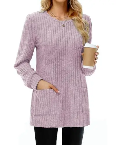 Produktbild: Tanmolo Damen Leichte Pullover Casual Rundhals Langarm Shirts mit Taschen Strickpullover Herbst Tunika Winter Oberteile Hellrosa, L