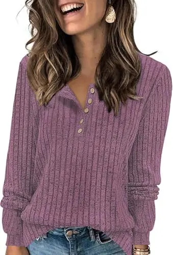 Produktbild: Tanmolo Damen Leichte Strickpullover Langarm Henley Shirt Herbst lässig Rundhals-Knöpfe Elegant Sweatshirt Tunika Tops Purpur, L