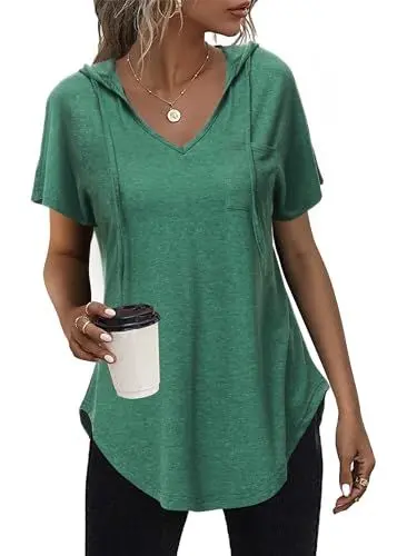 Produktbild: Tanmolo Damen Sommer Hoodie Sweatshirt mit Kapuze Kurzarm T Shirt V Ausschnitt Kapuzenpullover Kordelzug Tops Grün, M