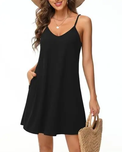 Produktbild: Tanmolo Damen Sommer Kleid Rmellos Kurz Strandkleid Spaghettitrger Knielangen Freizeitkleid L Schwarz