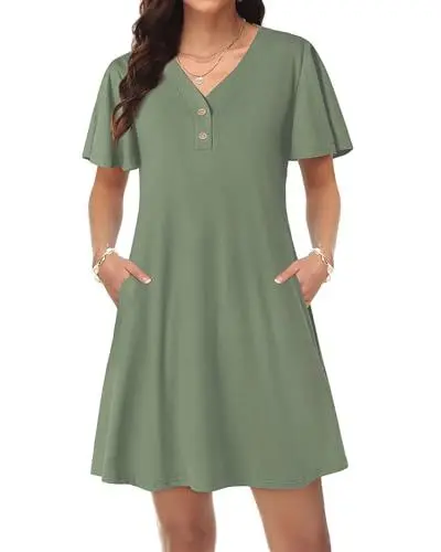 Produktbild: Tanmolo Damen Sommerkleid Swing Tank Kurzarm Freizeitkleid Tshirt Kleid V-Ausschnitt Knielang Strandkleid Shirtkleider S Grün