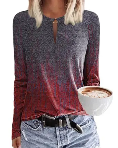 Produktbild: Tanmolo Damen T-Shirt mit V-Ausschnitt Tops Basic Langarmshirt Lässig Bluse Elegant Langarm Oberteile Herbst Bekleidung Farbverlauf, XXL