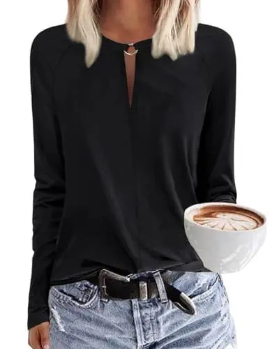 Produktbild: Tanmolo Damen T-Shirt mit V-Ausschnitt Tops Basic Langarmshirt Lässig Bluse Elegant Langarm Oberteile Herbst Bekleidung Schwarz, XL