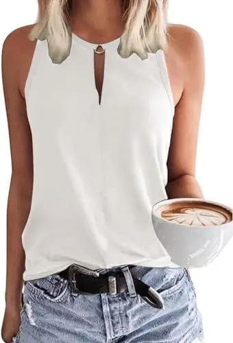 Produktbild: Tanmolo Damen Tank Top Ärmellos Oberteile Sommer Tanktops V-Ausschnitt Blusentop Strand Sexy Vest Top Bluse Weiß, L