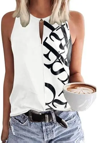 Produktbild: Tanmolo Damen Tank Top Ärmellos Oberteile Sommer Tanktops V-Ausschnitt Blusentop Strand Sexy Vest Top Buchstaben-bedrucktes Basic Bluse, S