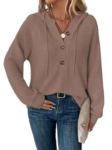 Produktbild: Tanmolo Hoodie Damen Kapuzenpullover Knopfleiste Leichter Pullover Langarm Sweatshirt Tops für Herbst Braun, XL
