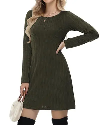 Produktbild: Tanmolo Kleid Damen Elegant Knielang Langarm Rundhals Freizeitkleid Herbst und Winter (Dunkelgrün S)