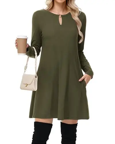 Produktbild: Tanmolo Kleid Damen Elegant Knielang mit Taschen Freizeitkleid A Linie Fließend Langarm Herbst und Winter (Dunkelgrün L)