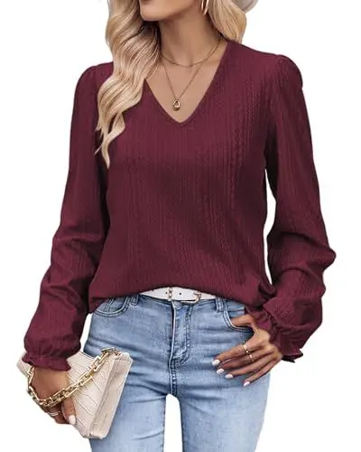 Produktbild: Tanmolo Langarmshirt Damen Bluse Elegant Langarm Pullover V-Ausschnitt Tunika Lässige Oberteile Puffärmel Blusenshirt Basic Tops Kastanienbraun, L