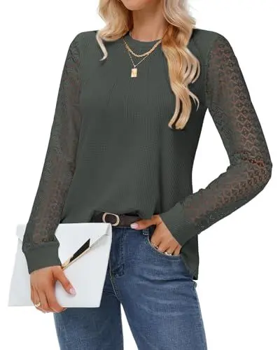 Produktbild: Tanmolo Langarmshirt Damen Bluse Waffelstrick Tops Langarm Pullover Lässig Blusen Spitze Oberteile Rundhals Hemden Herbst Blusenshirt Armeegrün, M