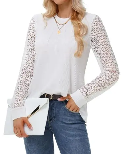 Produktbild: Tanmolo Langarmshirt Damen Bluse Waffelstrick Tops Langarm Pullover Lässig Blusen Spitze Oberteile Rundhals Hemden Herbst Blusenshirt Weiß, XXL