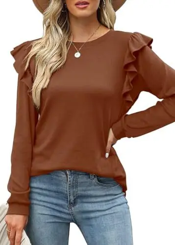 Produktbild: Tanmolo Langarmshirt Oberteile Damen Rüschen lässig Top mit Rundhals Tunika Langarm Bluse Shirts braun, XXL
