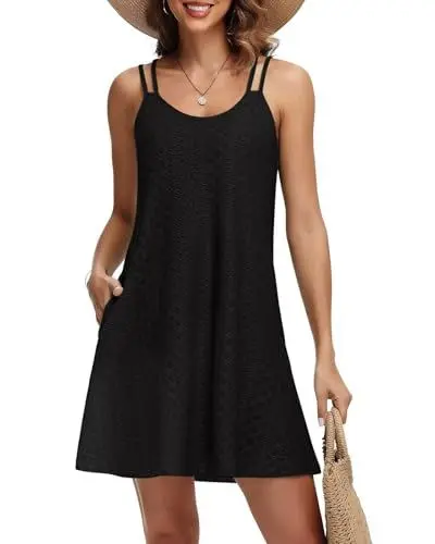 Produktbild: Tanmolo Sommerkleid Damen Strandkleid Spaghettitrger Freizeitkleid Kurz Ärmellos Tank Kleid Leicht und Luftig L Schwarz