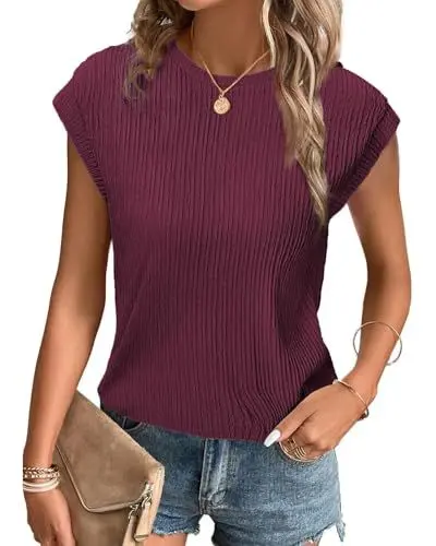 Produktbild: Tanmolo T-Shirt Damen Oberteile Sommer Tank Top mit Flügelärmeln Rundhals Strukturiertes Strickmaterial Unifarben Basic Bluse Elegant Casual Burgunderrot, S