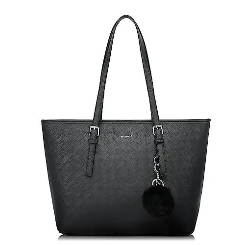 Produktbild: TANTOMI Handtasche Damen,Elegant Umhängetasche Tasche Damen, Schultertasche Damen,Shopper Damen Groß für Büro Schule Einkauf mit Kaninchen Pelz Kugel Plüsch Schlüsselring Schwarz
