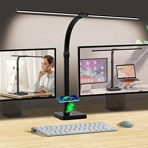 Produktbild: tantu Schreibtischlampe Led Dimmbar Ladefunktion,24W 80CM Doppelkopf Schreibtisch Lampe, 5 Farb 5 Helligkeitsstufen Bürolampe Schwanenhals, Schreibtischlampe mit Sockel (Schwarz)