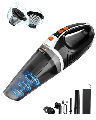 Produktbild: TANYO Handstaubsauger Akku, 15000Pa/10000Pa 2 Drehzahl Auto Staubsauger Stark mit LED Licht, 5 In 1 Nass/Trocken Tragbarer Handstaubsauger Kabellos für den Auto, Haus, Küche, Tierhaare(Schwarz Orange