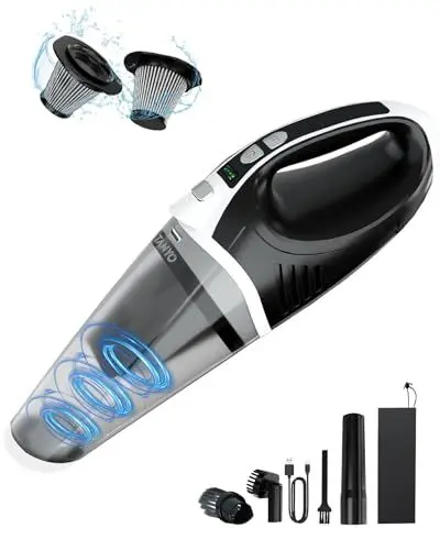 Produktbild: TANYO Handstaubsauger Akku 5 In 1, 15000Pa/10000Pa 2 Drehzahl Auto Staubsauger Stark mit LED Licht, Nass/Trocken Tragbarer Handstaubsauger Kabellos für den Auto, Haus, Küche, Tierhaare(Schwarz Silber