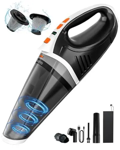 Produktbild: TANYO Handstaubsauger Akku 5 In 1, 15000Pa/10000Pa 2 Drehzahl Auto Staubsauger Stark mit LED Licht, Nass/Trocken Tragbarer Handstaubsauger Kabellos für den Auto, Haus, Küche, Tierhaare(Weiß Orange)