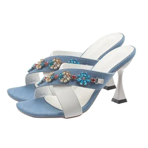 Produktbild: Tanzschuhe Damen Latein Sneaker Ohne SchnüRsenkel Damen Denim Strass Blumendekoration High Heel Sandalen und Hausschuhe High Heels Glitzer Barfuss Schuhe Damen Wasserfest (White, 38)