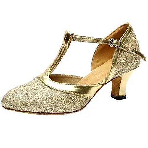 Produktbild: Tanzschuhe-Standard & Latein Damen Geschlossen Zehen High Heel Glitzer Tango Ballsaal T-Strap Schuhe - Modernes Ballroom Latin (Gold-A, 40)