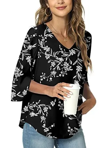Produktbild: TAOHUADAO Damen Sommer Casual T-Shirt V-Ausschnitt Tunika Tops für Leggings Chiffon Bluse Shirt M, Weiß-Schwarze Röschen