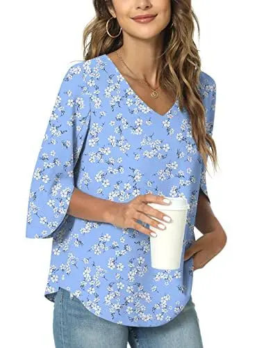 Produktbild: TAOHUADAO Damen Sommer Casual T-Shirt V-Ausschnitt Tunika Tops für Leggings Chiffon Bluse Shirt XL, Blau-weiße Röschen