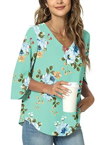 Produktbild: TAOHUADAO Damen Sommer Casual T-Shirt V-Ausschnitt Tunika Tops für Leggings Chiffon Bluse Shirt XL, Minzgrün