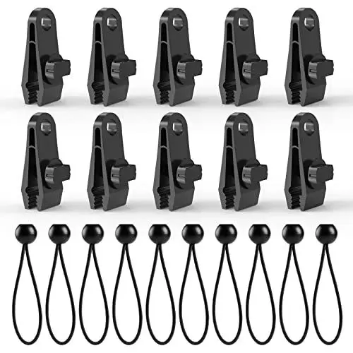 Produktbild: TaoTazon 10 Stück Planenclips Zeltplanen Clips + 10 Stück Spanngummis mit Kugel, Upgrade Multifunktion Planenbefestigung, Planenspanner Gummispanner für Boots Zelte Markisen Windseil und Banner