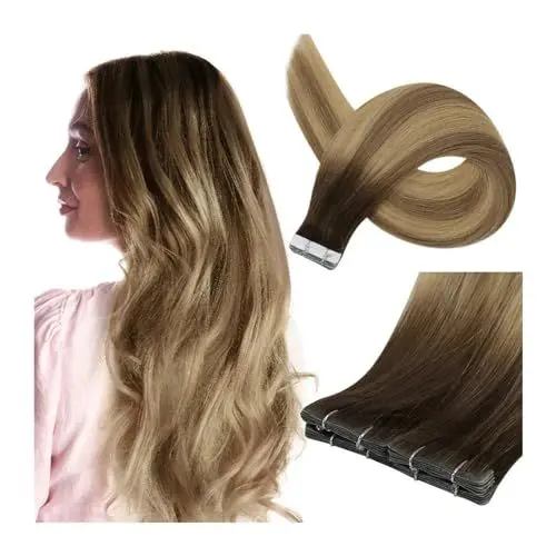 Produktbild: Tape Extension Echthaar Tape-in-Haarverlängerungen, Echthaarverlängerungen, Tape in der Farbe Dunkelbraun 3, verblassend bis 8 und 22, Tape-in-Haarverlängerungen, 20 Stück, 50 Gramm, Balayage-Tape-Ext