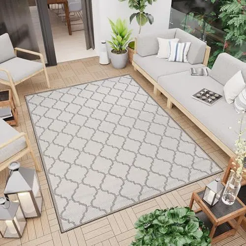 Produktbild: TAPISO Capri Outdoor Teppich Balkon Terrasse Küche Wohnzimmer Flachgewebe Grau Beige Marokkanisch Kleeblatt Sisal Optik Strapazierfähig Modern Design Indoor 120 x 170 cm