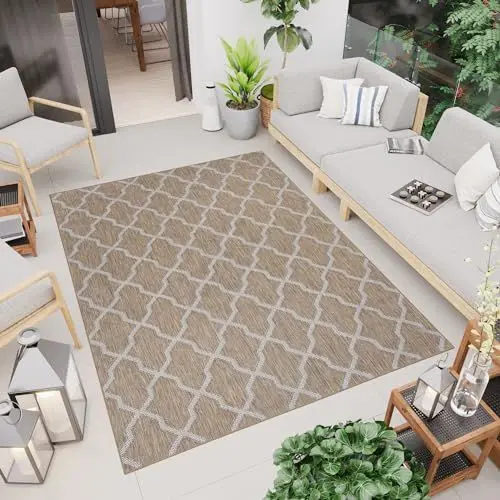 Produktbild: TAPISO Capri Teppich Outdoor Braun Grau Marokkanisch Gitter Sisaloptik Flachgewebe Balkon Terrasse Indoor Wetterfest UV-Beständig Robust 120 x 170 cm