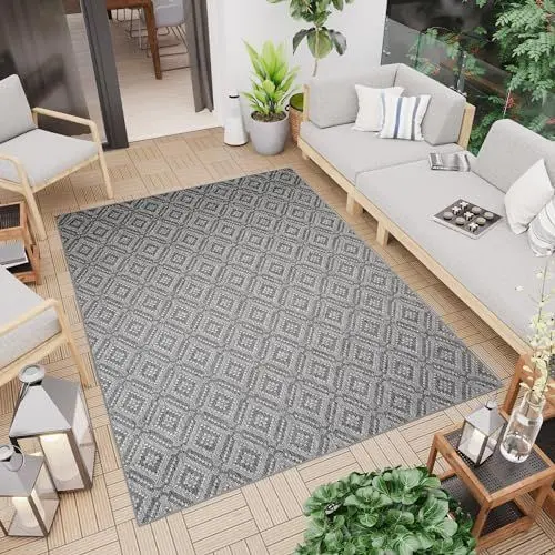Produktbild: TAPISO Capri Teppich Outdoor Wohnzimmer Terrasse Küche Flachgewebe Grau Metallgrau Modern Geometrisch Karo Gitter Muster Sisal Indoor 80 x 150 cm