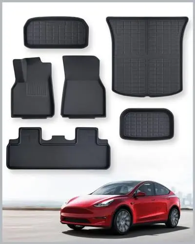 Produktbild: TAPTES 6 Stück Allwettermatten für Tesla Model Y 2021 2022 2023 2024 2025. Zubehör für Model Y, Allwetter Kofferraummatten vorne und hinten, wasserdichte Fußmatten für Tesla Model Y