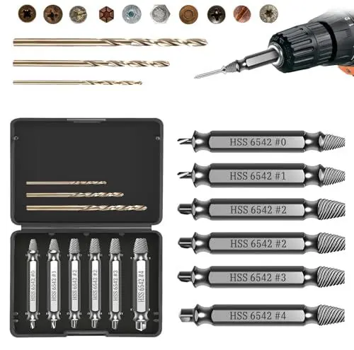 Produktbild: Tapvai Schraubenausdreher Set 9 Stück, 6 Stück Schraubenausdreher Set Profi mit 3 Spiralbohrer, Schrauben Entferner aus HSS 6542, Härtegrad Hrc 63-65, Zum Bohren und Entfernen Beschädigter Schrauben
