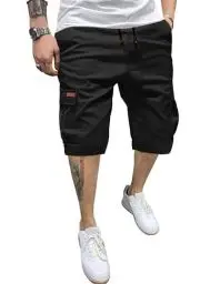 Produktbild: TARAINYA Cargo Shorts Herren Kurze Hosen Herren Sommer Chino Shorts Männer Herren Hose Kurz Baumwolle Tunnelzug Elastische Taille mit 6 Taschen Schwarz M