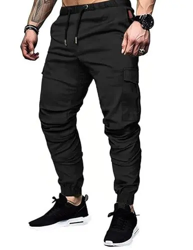 Produktbild: TARAINYA Cargohose Herren Baumwolle mit 6 Taschen Jogginghose Chino Kordelzug Männer Outdoor Modern Stretch Elastische M Schwarz