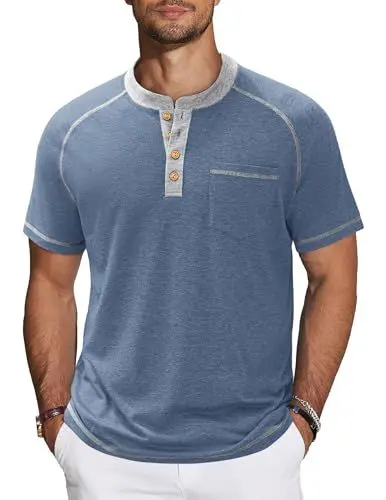 Produktbild: TARAINYA Henley T-Shirts Herren Baumwolle Shirt Kurzarm Einfarbig Basic Tee Männer Sommer mit Tasche Grau blau Grau XL