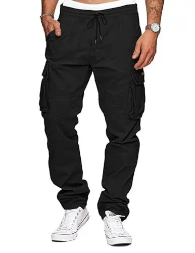 Produktbild: TARAINYA Herren Cargohose Baumwolle Baggy Hose Herren Kordelzug Outdoorhose Stretch Chino Männer Modern mit Taschen Schwarz XL