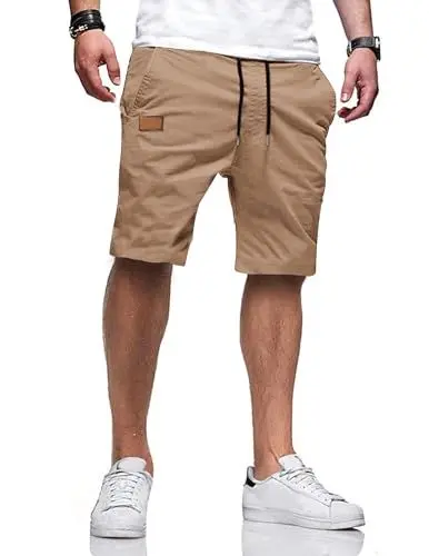 Produktbild: TARAINYA Kurze Hosen Herren Baumwolle Casual Shorts Herren Tunnelzug Elastische Sommer Chino mit Taschen Dunkelkhaki M